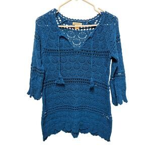 Lucky Brand Live in Love Women Top Large Crochet Teal Boho 3/4 Sleeve Teal Sz XS